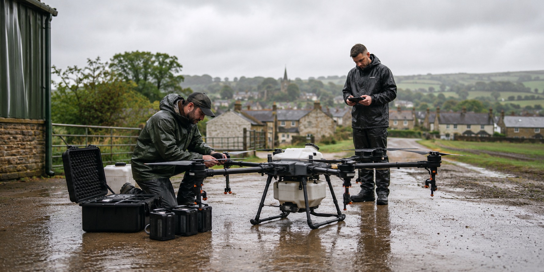 Agricultural drone working over a UK field