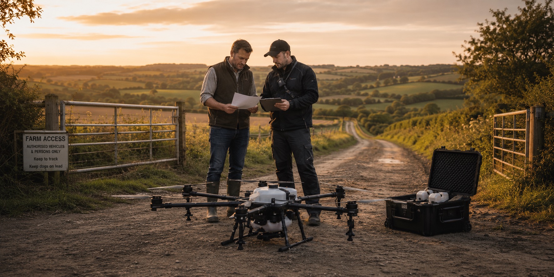 Agricultural drone working over a UK field