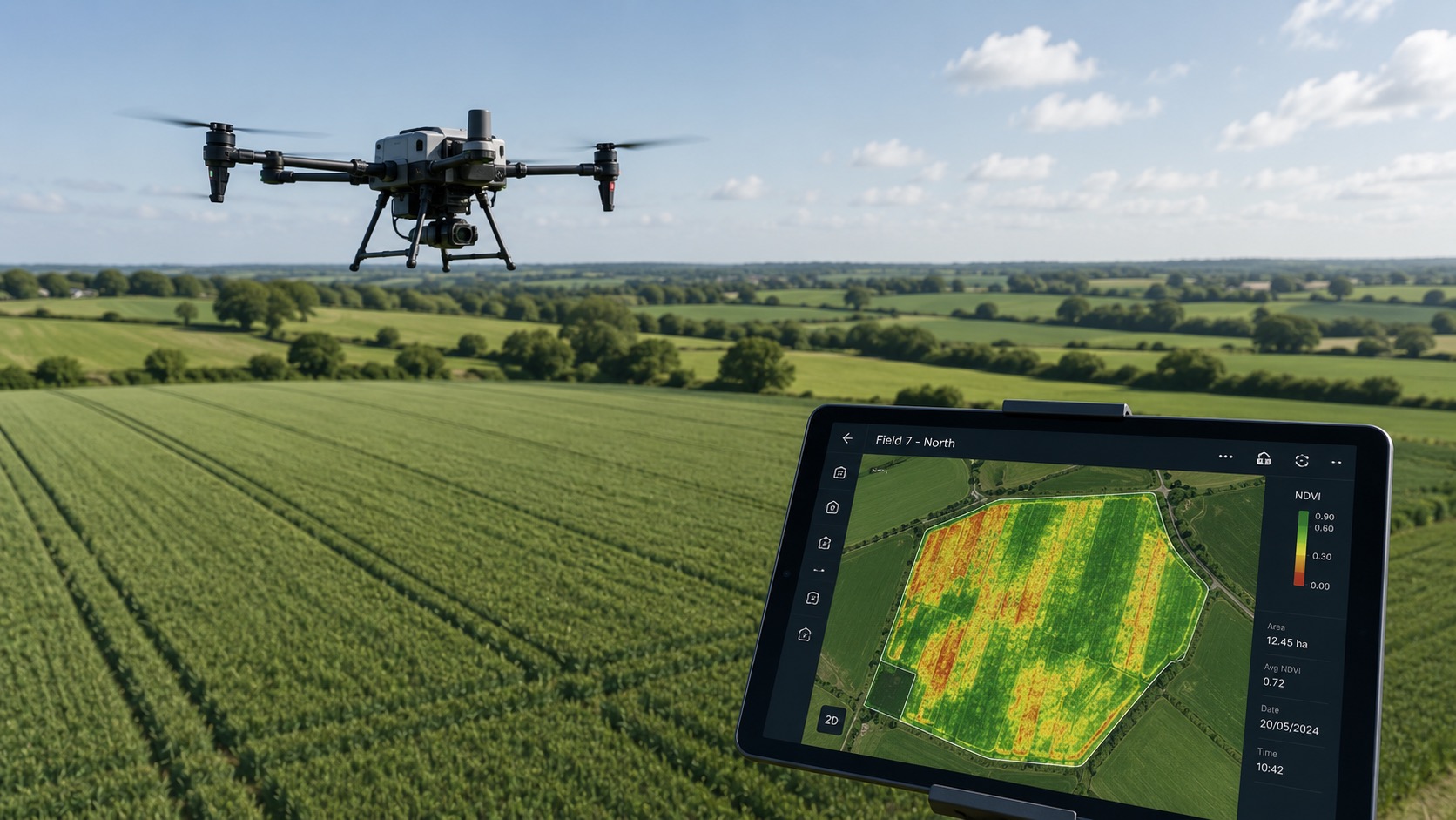 Agricultural drone working over a UK field