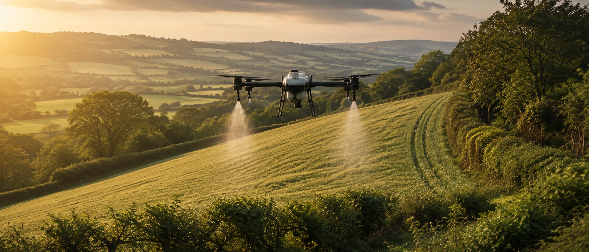 Agricultural drone working over a UK field