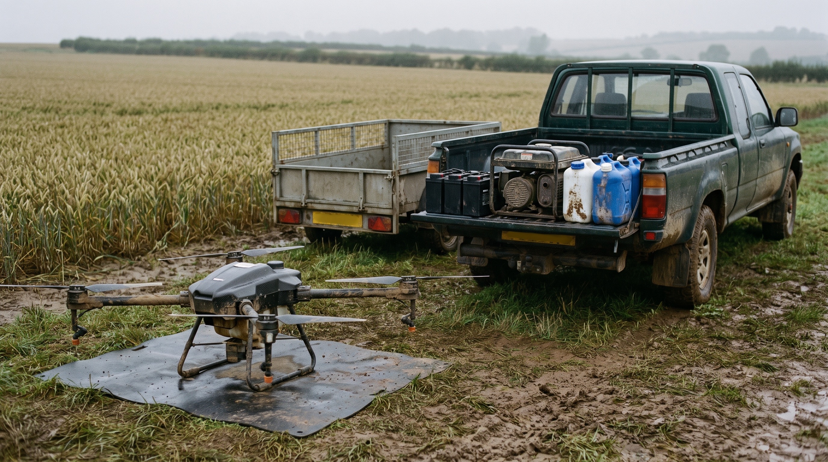 Agricultural spray drone being prepared for work on a UK farm