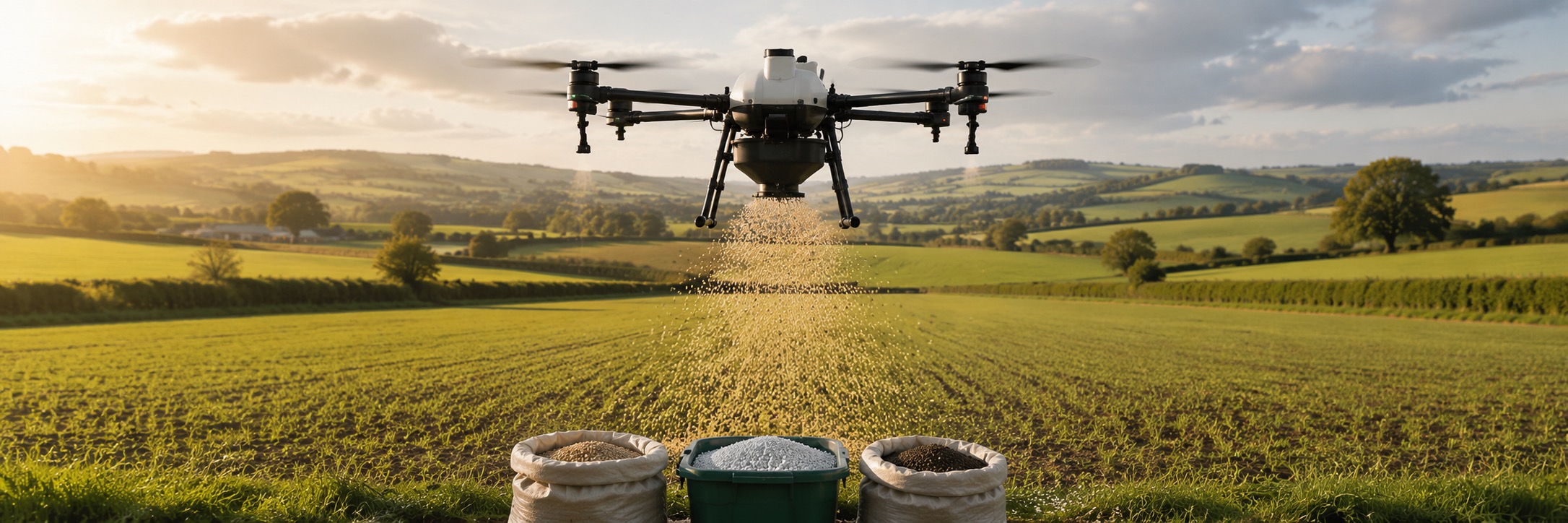 Drone spreading for seed, fertiliser and slug pellets
