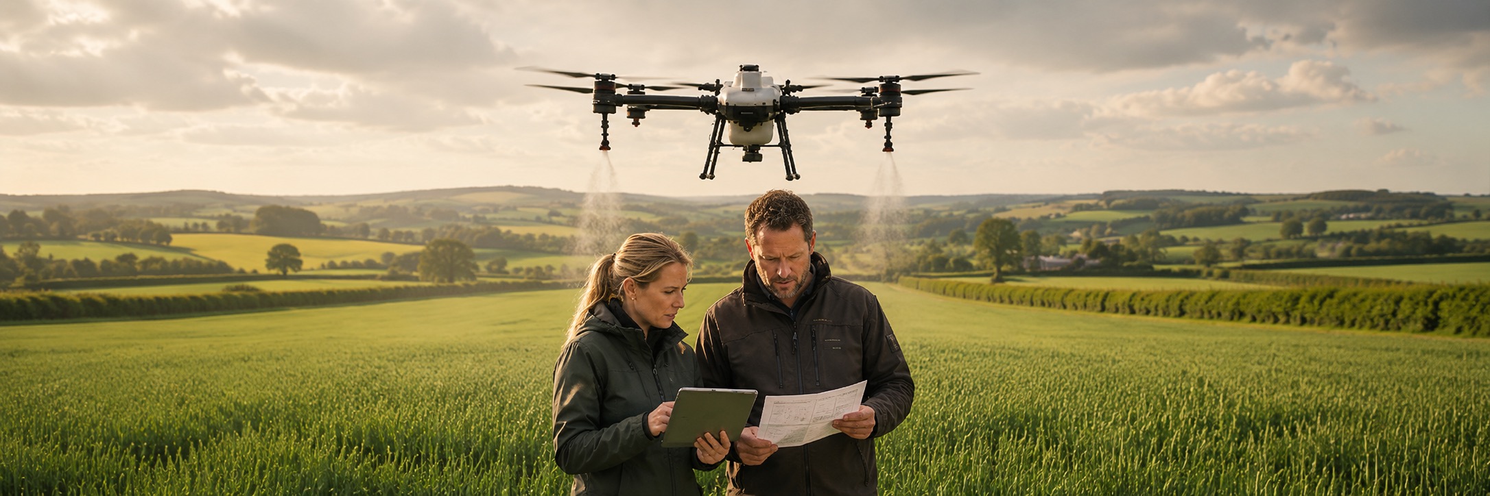 Agricultural drone working over a UK field