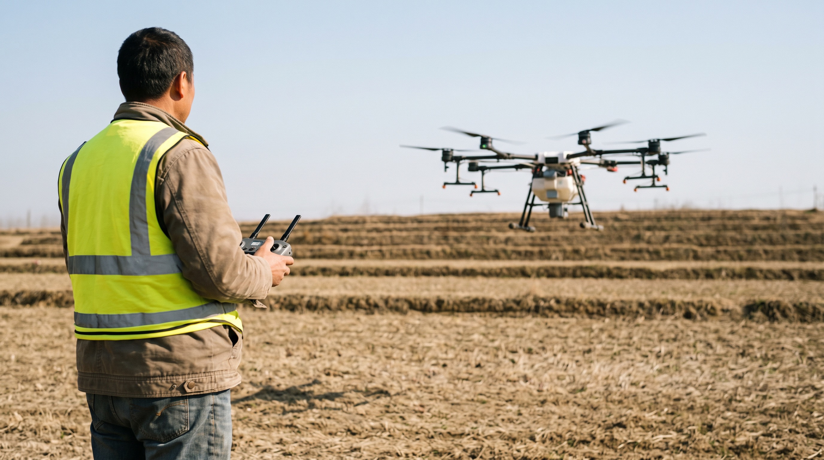 Agricultural drone operating over a UK field