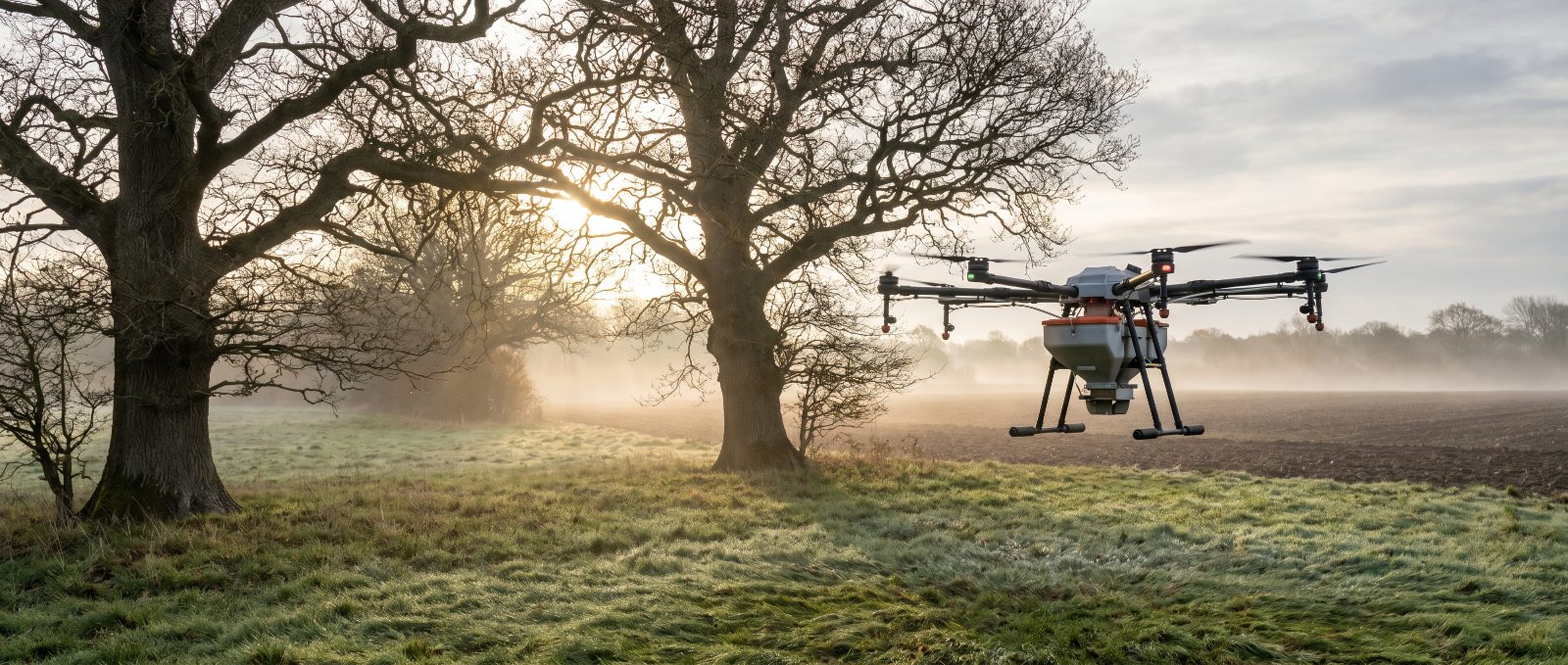 Agricultural spray drone working over Berkshire farmland