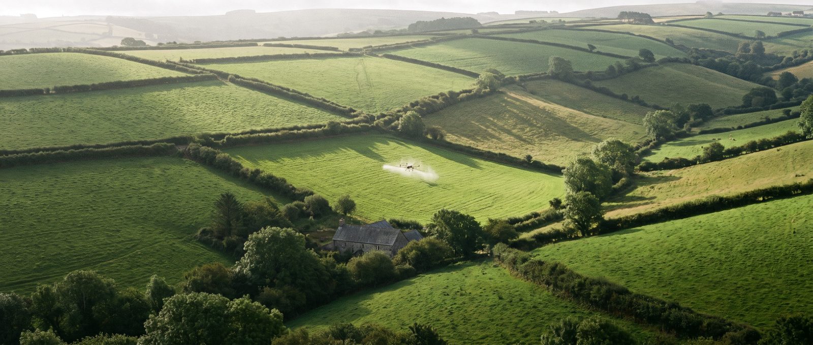 Agricultural spray drone working over Devon farmland