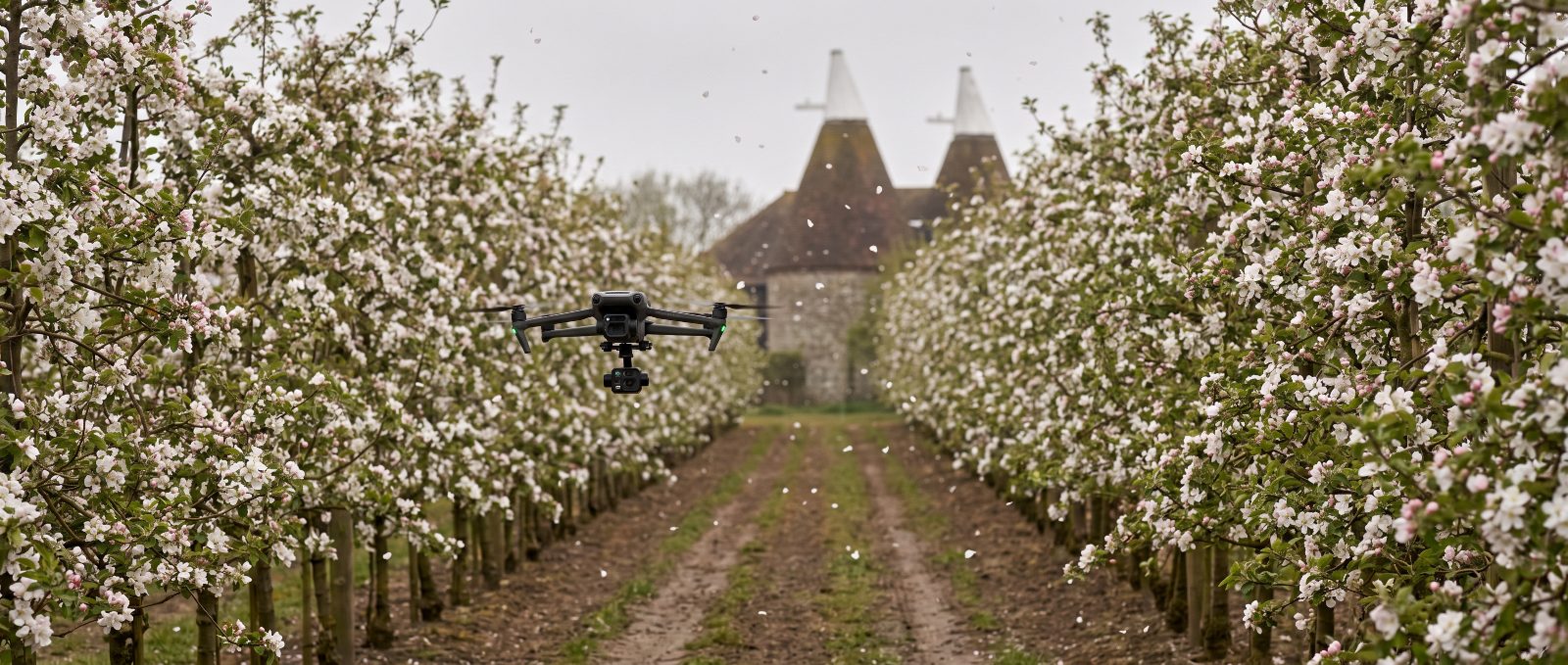 Agricultural spray drone working over Kent farmland