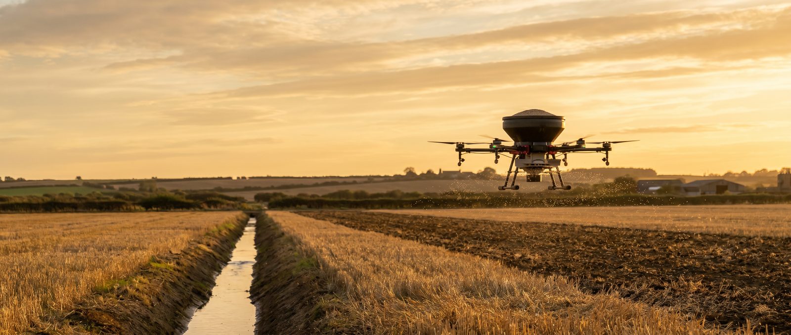 Agricultural spray drone working over Lincolnshire farmland