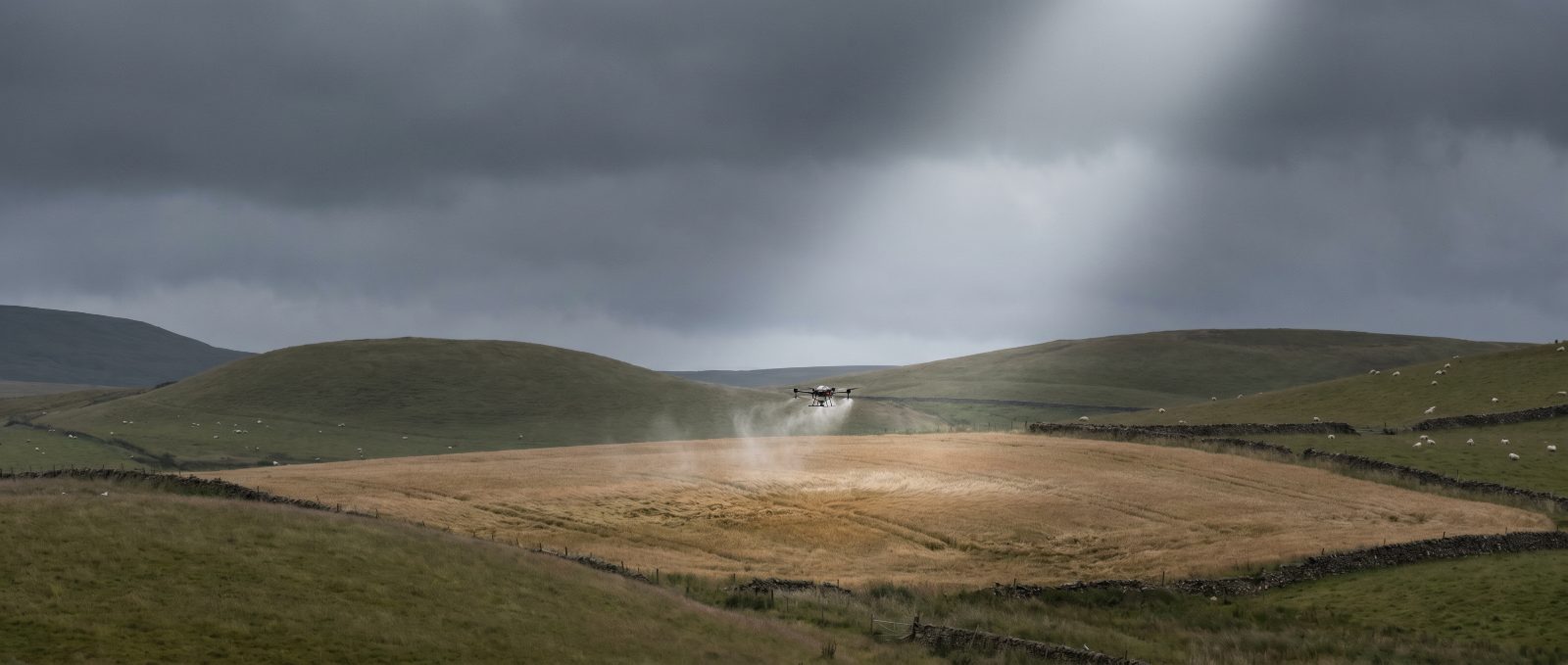 Agricultural spray drone working over Scotland farmland