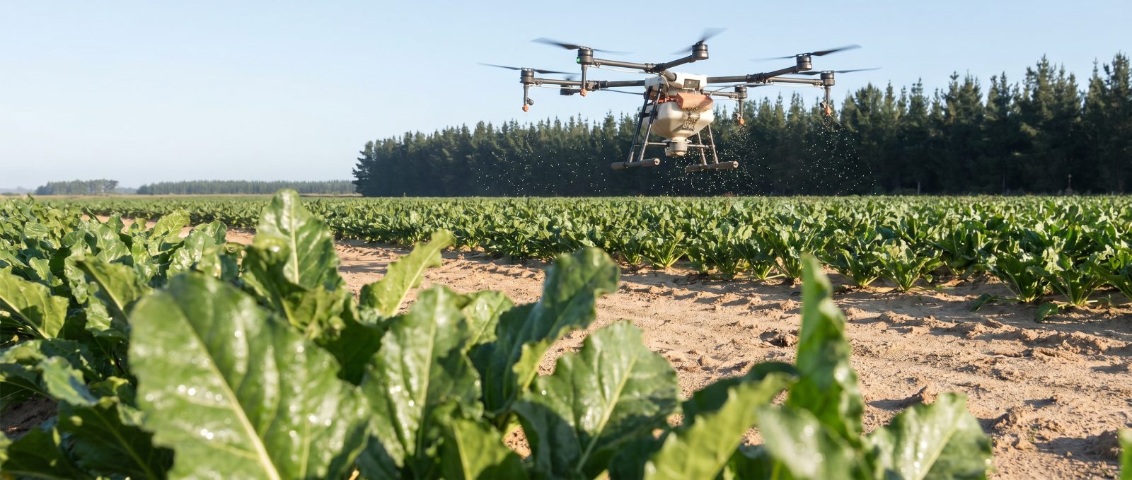 Agricultural spray drone working over Suffolk farmland