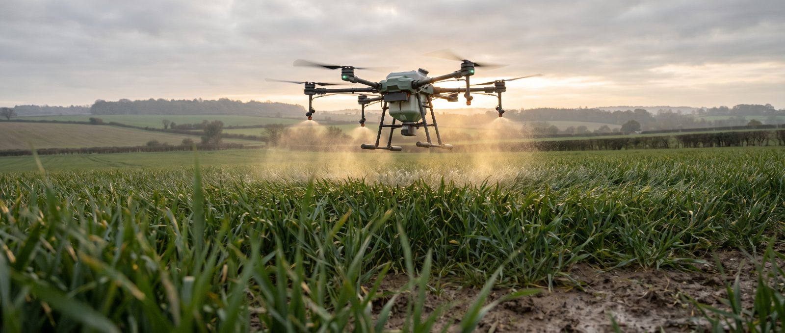 Drone spraying carried out by an agricultural drone in the UK
