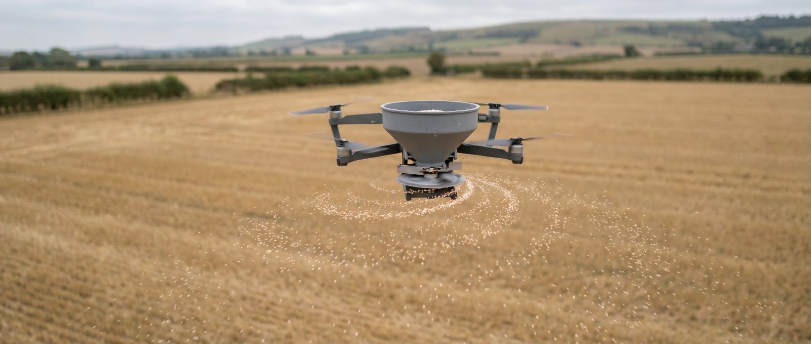 Drone spreading carried out by an agricultural drone in the UK